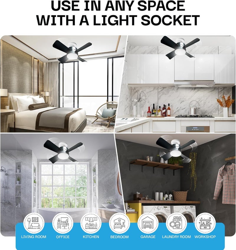 BELLHOWELL مروحة سقف صغيرة Socket Breeze Deluxe مع ضوء LED وجهاز تحكم عن بعد، سرعات وسطوع قابلة للتعديل، مروحة لمقبس الضوء لغرفة النوم، المطبخ، غرفة المعيشة، 1000 لومن - Image 4